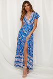 Zjkrl - Women Bohemian V Neck Summer Maxi Dress Butterfly Short Sleeve Floral High Split Long Dress Wrap High Waist Bandage Sundress