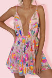Zjkrl Rainbow Sequin Open Back Slip Mini Dress