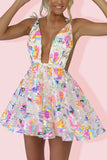 Zjkrl Rainbow Sequin Open Back Slip Mini Dress