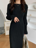 Zjkrl - Simple Pleated Elastic Long-Sleeved Little Black Dress