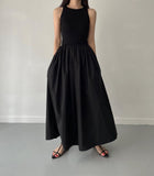 Zjkrl - Elegant Round Neck Waist Slim Pleated Long Dress