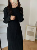 Zjkrl - Simple Pleated Elastic Long-Sleeved Little Black Dress