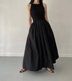 Zjkrl - Elegant Round Neck Waist Slim Pleated Long Dress