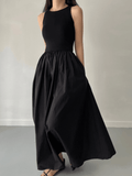 Zjkrl - Elegant Round Neck Waist Slim Pleated Long Dress