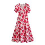 Women French Style Floral Print Dress Vintage Short Sleeve V Neck Ladies Holiday Summer Long Dress