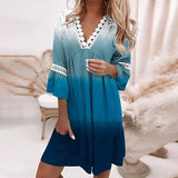 Zjkrl Vintage Print Trumpet Sleeve Boho Beach Dress Women Fashion Lace Patchwork V-Neck Party Dresses Lady Loose A-Line Dress Vestidos