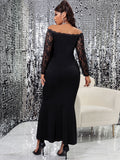 Lace Plus Size Maxi Dress Women's 4XL Off Shoulder Black Long Sleeve Mermaid Elegant Vintage Formal Evening Party Curvy Dresses
