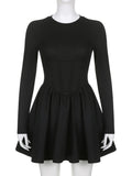 Zjkrl - Korean Clothes Long Sleeve Corset Black Dress Female Solid Basic O Neck Fashion Autumn Dress Pleated Slim Elegant New