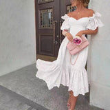 Women Sexy Hollow Out Solid Ruffles Dress Summer Loose Lace Patchwork Casual Dress Elegant Strapless Party Dresses Vestidos