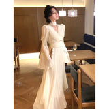 Zjkrl - 2023 Spring Elegant V-Neck Midi Dress Office Lady Long Sleeve Casual One Piece Dress Korean French Vintage Chiffon Dress Women