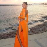 Orange Hollow Out Bodycon Maxi Dresses for Women Summer Sexy Twist Backless Slit Dress Long Sleeve Elegant Party Dress 2023