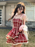 Zjkrl - Kawaii Sweet French Princess Mini Dress Basic Sexy Red Plaid Strap Dress Y2k Bodycon Lace One Piece Dress Korean 2023 Summer