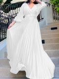 Zjkrl Sexy V-Neck Pleated Dinner Party Dress Women Yellow Elegant  with Belt Long Sleeve Robe Femme African Maxi Red Vestido