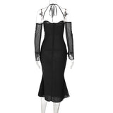 Zjkrl Women Chiffon Zipper Sexy Y2K Clothes Lace Up Halter Backless Long Sleeve Bodycon Midi Dress Outfits Party Club