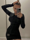Zjkrl - Sexy Solid Patchwork O Neck Mini Dress Women Autumn Bodycon Long Sleeve Slim Fit Elegant Party Club Vestido