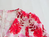 Women French Style Floral Print Dress Vintage Short Sleeve V Neck Ladies Holiday Summer Long Dress