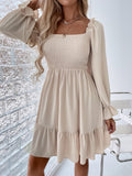 Women Elasticity Dress Ruffle High Waist Tight A-line Dress Pullover Square Collar Long Sleeve Ruffled Dresses