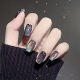 Zjkrl - 24pcs Aurora False Nail Cat Eye Black Fake Nail Full Cover Glitter Coffin Press on Nail Bride Lady Manicure Acrylic Nail Tip