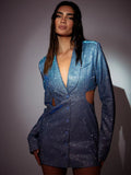 Zjkrl - Fantoye Bright Silk Shiny Blazer Dress Women Blue Long Sleeve Single Breasted Hollow Out Party Dress Sexy Elegant Office Outfit