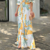 Zjkrl Women Maxi Dress Summer Stylish Print Short Puff Sleeve V Neck Nipped Waist Slim Single Row Button Beach Party Dresses