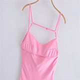 Zjkrl - 2023 New Women Hollow Design Silk Satin Texture Midi Suspender Dress Summer Sexy Revealing Back Slit Slim Pink Dress