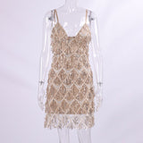 Zjkrl - 2023 Elegant Luxury Women's Sequin Tassel Evening Dresses Sexy V-neck Spaghetti Strap Backless Short Birthday Party Slip Dress