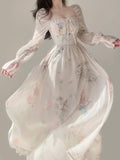 Zjkrl - Chiffon Elegant Floral Midi Dress Woman Party Beach Style Long Sleeve Dress Boho One Piece Dress Korean Fashion 2023 Summer