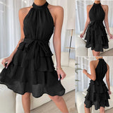 Zjkrl Women Soild Ruffle Design Dress Halter Neck Dress Casual Sweet Style Dress Grace Sleeveless Dress Women Summer Dress