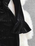 Zjkrl - Autumn Women Black Mesh Patchwork Velvet Party Dress Elegant Stand Collar Flare Long Sleeve Ruffle Mermaid Robe Female 2023 New