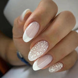 Zjkrl - 24Pcs French False Nails Almond Fake Nails with Glue Press on White Edge Design Wearable Simple Ins Pink Stiletto Nail Tips