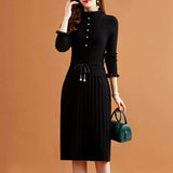 Zjkrl - Fake Two Pieces Pleated Knitted Dress Women Vintage Ruffle Long Sleeve Bottoming Sweater Dresses Fall Casual Slim Midi Vestidos