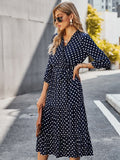 Zjkrl Autumn Winter Dot Bandage Dress Women Casual Ruffles V Neck High Waist Slim Print Long Dress New Fashion