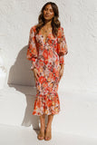 Zjkrl - 2023 Spring Midi Dress V-neck Long Sleeve Ruffled Trumpet Dress Floral Printed Boho Vestido Feminino Cotton Mermaid Dress