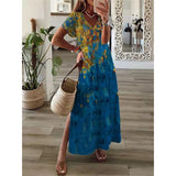 Zjkrl Vintage Print Maxi Dress Women 2023 Summer Elegant V Neck Short Sleeve Loose Split Casual Dress Female Party Boho Beach Vestidos