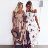 Zjkrl Boho style long dress women Off shoulder beach summer dresses Floral print Vintage chiffon white maxi dress vestidos de festa
