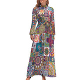 Zjkrl - Ethnic Bohemia Dress Retro Floral Print Basic Beach Dresses Female Long Sleeve High Neck Elegant Long Maxi Dress