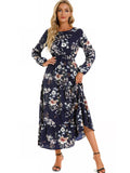 Zjkrl - Elegant Floral Print Women Dress Spring Summer Casual O Neck Long Sleeve Chiffon A Line Long Maxi Dress Party Vestidos