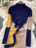 Women Dress Autumn Winter Elegant Color Patchwork Knitted Sweater Dress with Belt Office Lady Package Hips Bodycon