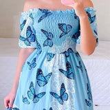 Zjkrl Sexy Off The Shoulder Tube Top Dress Butterfly Rainbow Floral Print Dress Ladies Elegant Slim Summer Bohemian Party Maxi Dresses
