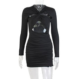 Zjkrl - Autumn Hollow Out Mini Dress For Women Fashion Robe Black Long Sleeve Bodycon Ruched Short Dress Vestido