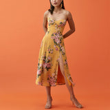 Zjkrl Summer Dresses For Women Elegant Vintage Floral Print Dress Sweetheart Neck Spaghetti Strap Midi Dress With Slit Sundress