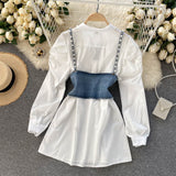 Zjkrl 2023 New High-End White Shirt Dress Female Lapel Diamond Pearl Luxury Shirt Short Denim Vest Chic Two Piece Sets Female Fashion