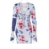 Zjkrl - Floral Print Women's Sexy Deep V Neck Lace-up Long-sleeve Ruffle Buttock Mini Dress Summer Party Night Club Dresses