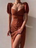 Zjkrl Sexy Square Collar Single Breasted Bodycon Midi Dress Women New Solid Color Puff Sleeve Split Summer Package Hip Party Vestidos