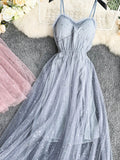 Summer Bling Stars Sequin Dress Women Vintage V Neck Sexy Mesh Dresses Vestidos Mujer Ladies Spaghetti Strap Party Tulle Dress