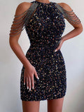 Zjkrl 2023 Sexy Sleeveless Off Shoulder Skinny Dress Fashion Mini High Waist Party Dress for Women Elegant Halter Chain Sequin Dress