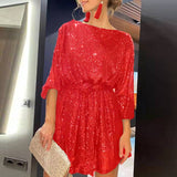 Zjkrl - Autumn Winter Elegant Solid Sequin Party Dress Women Casual Long Sleeve A-Line Dress Lady Fashion Shiny Loose Mini Dress Vestido
