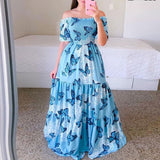 Zjkrl Sexy Off The Shoulder Tube Top Dress Butterfly Rainbow Floral Print Dress Ladies Elegant Slim Summer Bohemian Party Maxi Dresses