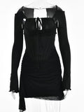 Zjkrl - Hollow Out Spaghetti Strap Dresses Women Sexy High Waist Long Sleeve Party Outfits Solid Backless Black Fishbone Dress
