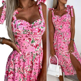 Women Summer Spaghetti Strap Dress Sexy Floral Print Sleeveless Sling Dress Boho Slash Neck Slit Beach Party Dress Sundress Robe